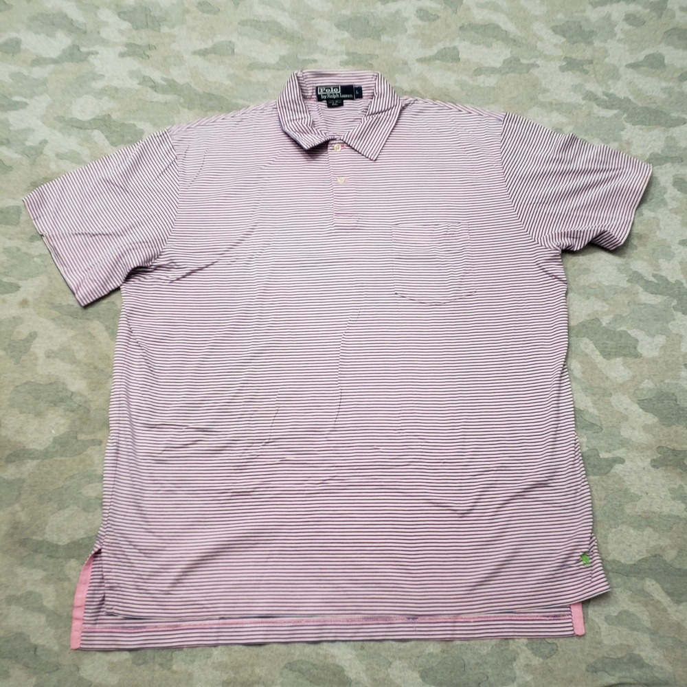 VTG Polo Ralph Lauren Polo Shirt Mens Large Pink Striped Pocket Short Sleeve